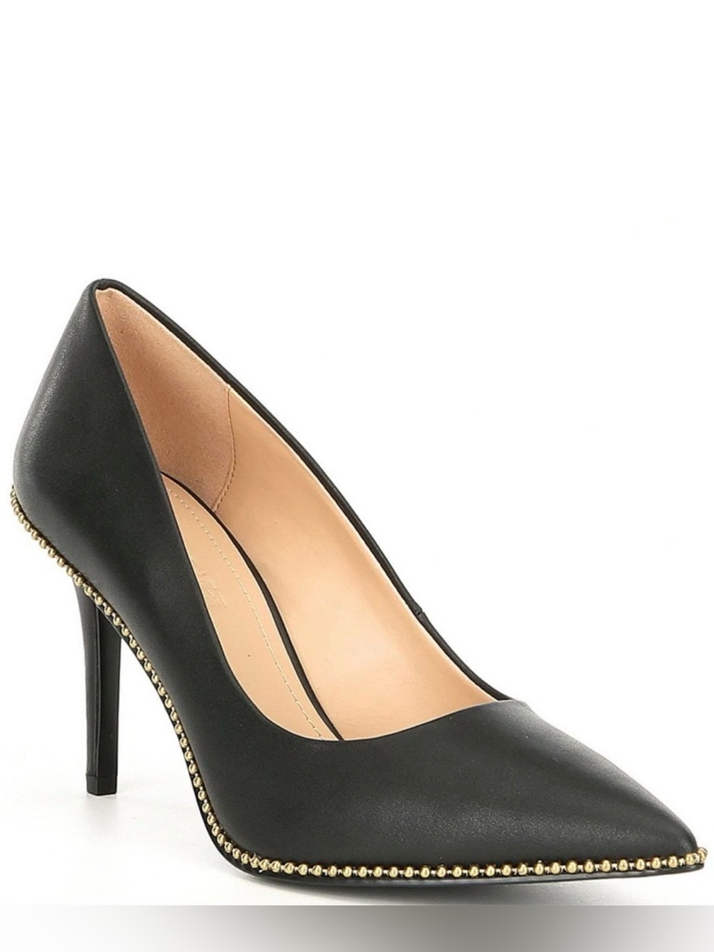 Coach Black Pointed Leather Pump with Gold Bead Trim
